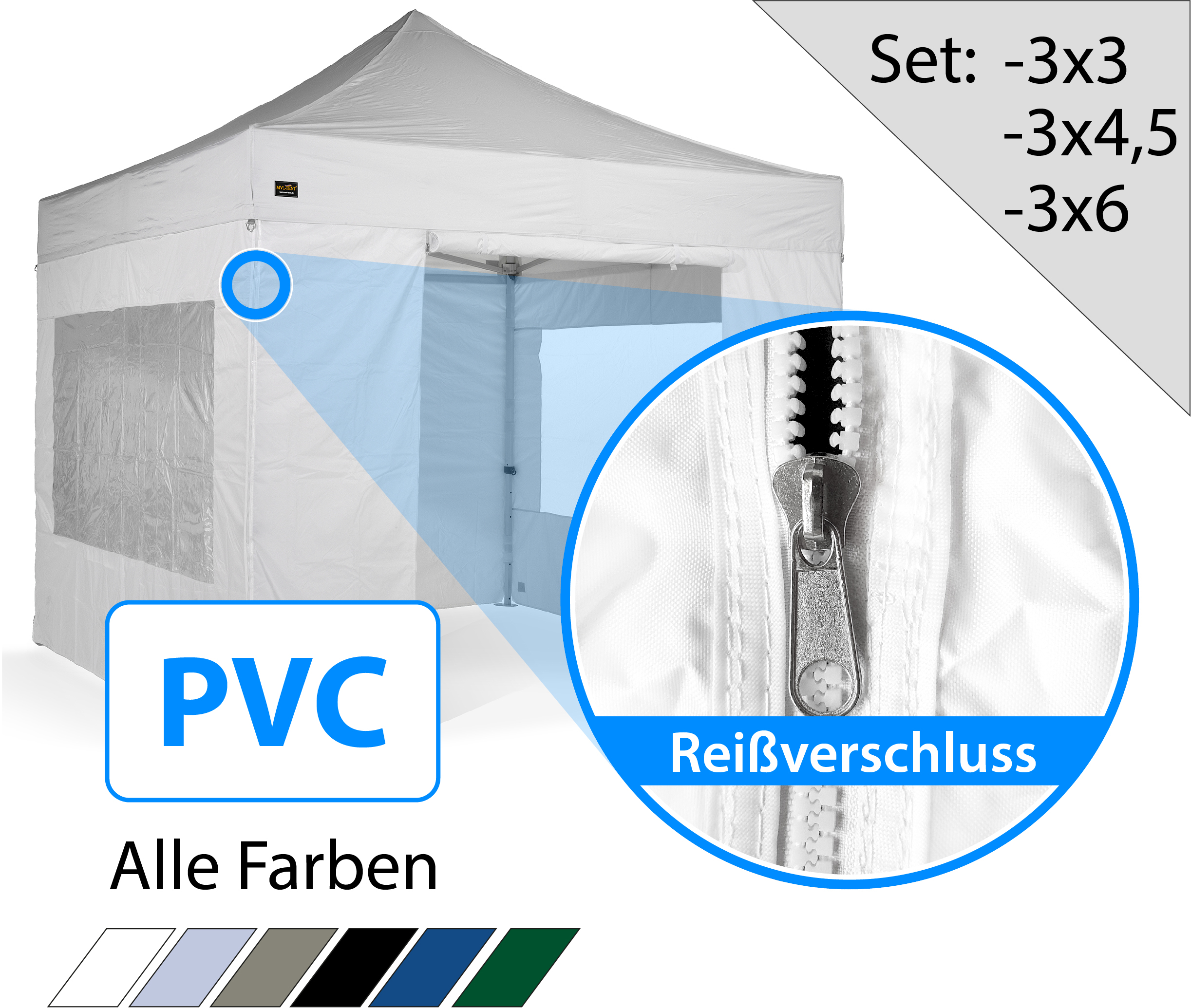 Spar-Set | Profi Faltzelt Serie 60 Octa + PVC Seitenwände mit Reißverschluss | 3x3 3x4,5 3x6